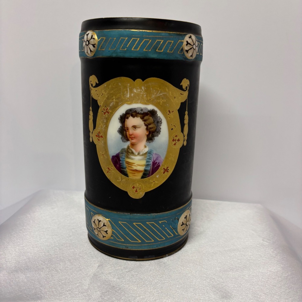 Antique Old Paris Porcelain Portrait Vase Black Gold Trim Decorative‎
